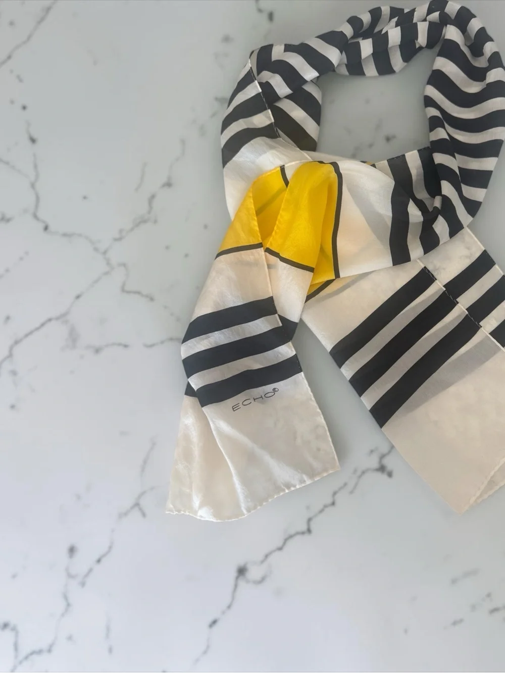 Vintage Echo Yellow, Black & White Striped Silk Scarf